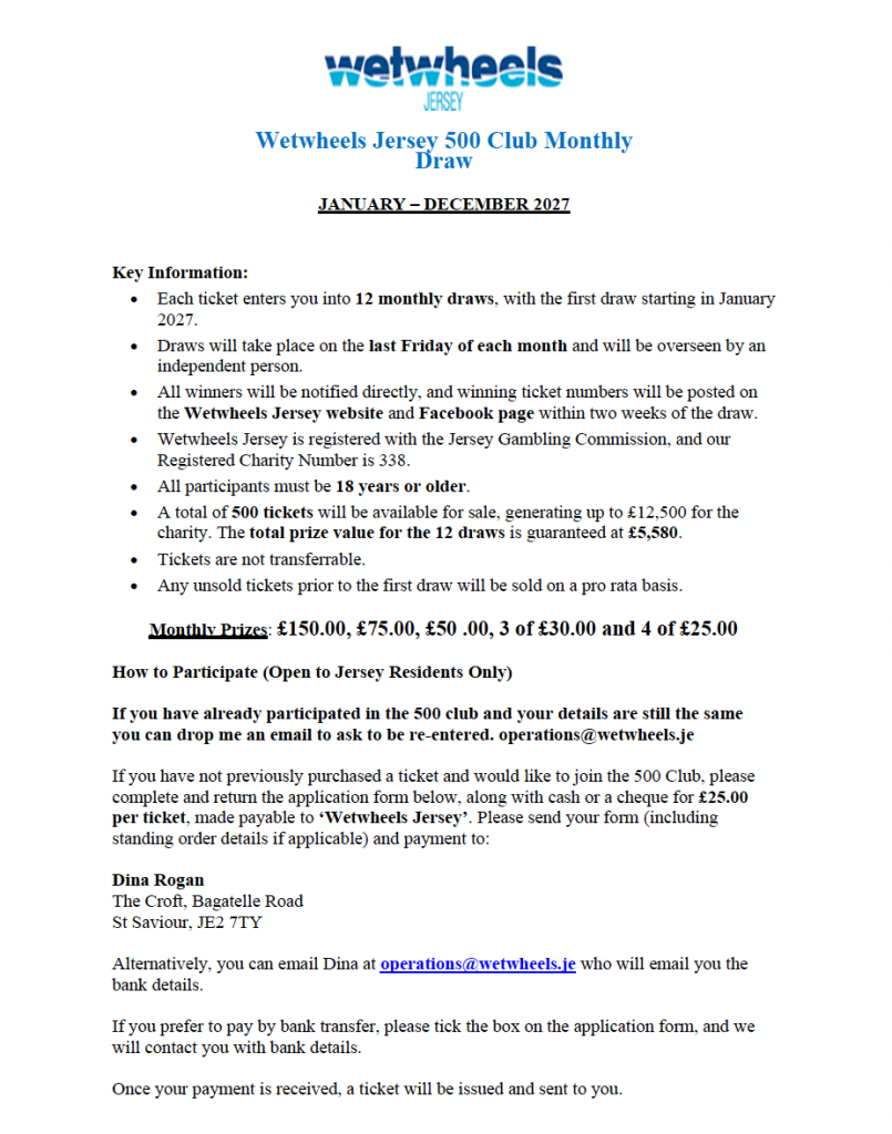 A page showing the wetwheels Jersey logo, and 500 Club Monthly Draw